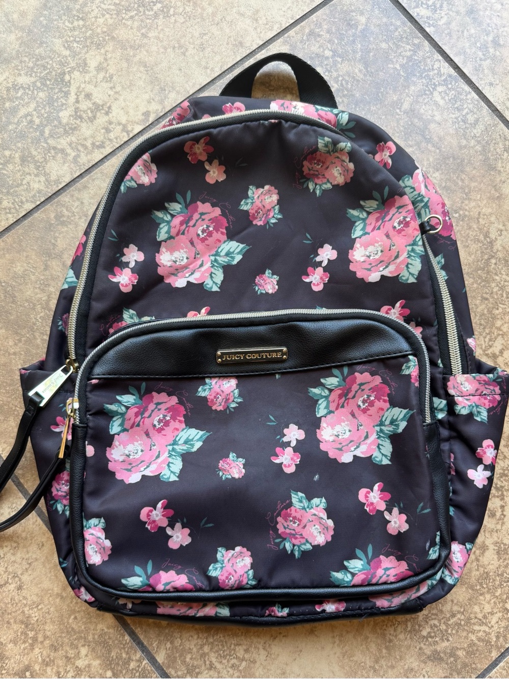 Vintage Y2K Juicy Couture Black Floral Backpack - Pink Rose Print